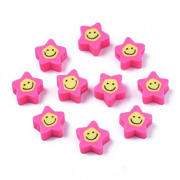 Handmade Polymer Clay Beads, Star with Smiling Face, Hot Pink, 7.5~9x8.5~9x3.5~4mm, Hole: 1.6mm