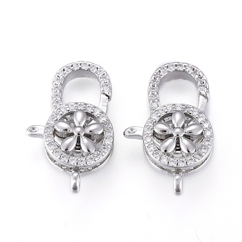 Brass Micro Pave Clear Cubic Zirconia Lobster Claw Clasps, Long-Lasting Plated, Flower, Platinum, 20x13x6mm, Hole: 2mm