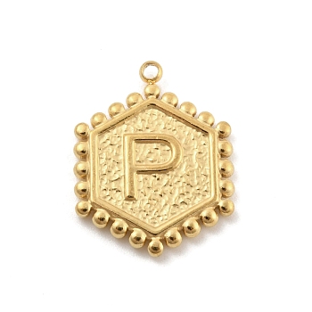 201 Stainless Steel Pendants, Golden, Hexagon with Letter Charm, Letter P, 21x16.5x2mm, Hole: 1.5mm