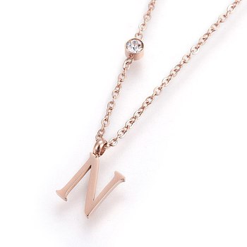 304 Stainless Steel Initial Pendant Necklaces, with Glass Rhinestone, Crystal, Rose Gold, Letter.N, 16.1~16.5 inch(41~42cm), Pendant: 11x5~8.5x1mm