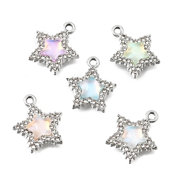 UV Plating Alloy Crystal Rhinestone Pendants, with Glass, Star Charms, Platinum, 18.5x16x4.5mm, Hole: 1.9mm