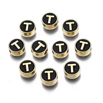 Alloy Enamel Beads, Cadmium Free & Lead Free, Light Gold, Flat Round with Alphabet, Black, Letter.T, 8x4mm, Hole: 1.5mm