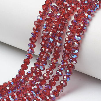 Electroplate Glass Beads Strands, Half Plated, Blue Plated, Faceted, Rondelle, FireBrick, 6x5mm, Hole: 1mm, about 85~88pcs/strand, 16.1~16.5 inch(41~42cm)