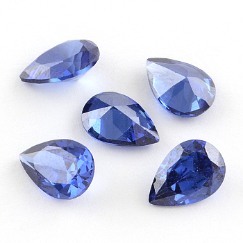 Teardrop Shaped Cubic Zirconia Pointed Back Cabochons, Faceted, Royal Blue, 14x10mm
