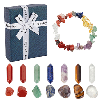 Yoga Gemstone Bracelets Gift Box, Including Natural Mixed Stone Chips Stretch Bracelet, Nuggets & Hexagon Beads, 15Pcs/box
