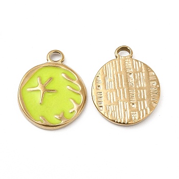 Vacuum Plating 201 Stainless Steel Enamel Pendants, Real 18K Gold Plated, Flat Round with Starfish Charm, Green Yellow, 19x15x2mm, Hole: 2.6mm