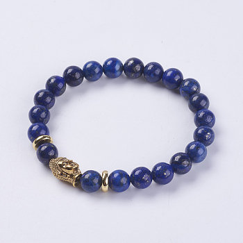 Natural Lapis Lazuli Beads Stretch Bracelets, with Alloy Finding, Buddha's Head, 2-1/8 inch(55mm)