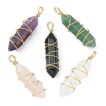 Natural Mixed Gemstone Copper Wire Wrapped Pointed Pendants, Faceted Bullet Charms, Real 18K Gold Plated, 35.5~38.5x9~10x10~11mm, Hole: 4mm