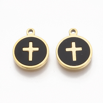304 Stainless Steel Charms, with Black Acrylic, Flat Round with Cross, Golden, 12x10x1.5mm, Hole: 1.2mm