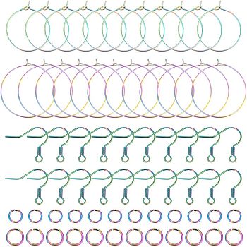 40Pcs 2 Style Ion Plating(IP) Rainbow Color 304 Stainless Steel Hoop Earrings Findings, with 20Pcs Earring Hooks, 40Pcs Jump Rings, 25x0.7mm, 35x0.7mm, 20Pcs/style