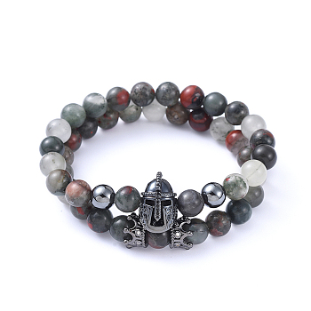 Natural Bloodstone Stretch Beaded Bracelets Sets, with Non-Magnetic Synthetic Hematite Beads, Brass Micro Pave Cubic Zirconia Beads, Gladiator Helmet & Crown, Inner Diameter: 2-1/8 inch(5.5cm), 2pcs/set