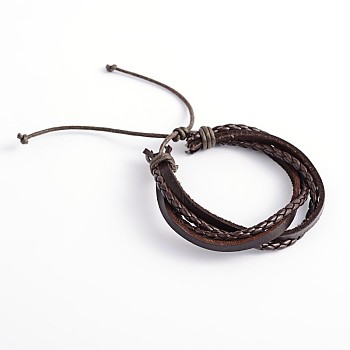 Adjustable Leather Multi-Strand Bracelets, with Waxed Cord, Coconut Brown, 57mm