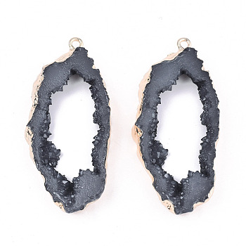 Druzy Geode Resin Big Pendants, Edge Light Gold Plated, with Iron Loops, Gray, 51.5x23.5x6~7mm, Hole: 1.8mm