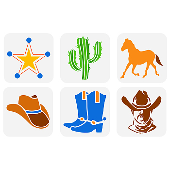 6Pcs 6 Styles MexicanTheme PET Hollow Out Drawing Painting Stencils, for DIY Scrapbook, Photo Album, Star & Cactus & Horse & Hat & boot & Man, Mexican Pattern, 150x150mm, 1pc/style