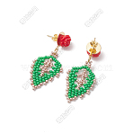Rose with Leaf Seed Beads Dangle Stud Earrings, with 304 Stainless Steel & Resin Beads, Golden, Green, 45x19mm(EJEW-FS00089)