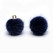 Handmade Faux Mink Fur Covered Pendants, with Alloy Findings, Round, Golden, Prussian Blue, 16~17x13.5~14mm, Hole: 1.5mm(WOVE-S108-03C)