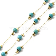 Ion Plating(IP) 316 Surgical Stainless Steel Paperclip Chains, Synthetic Turquoise Beads Chain, Soldered, with Spool, Real 18K Gold Plated, Link: 2.5x0.8~1.5x0.3mm, Round: 2mm and 3.5x3mm(CHS-I019-14G)