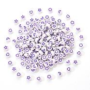 White Opaque Acrylic Beads, Flat Round with Heart & Flower & Moon & Star, Violet, 7x4mm, Hole: 1.6mm, 200pcs/set(MACR-YW0001-19G)