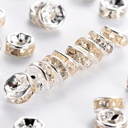 Brass Rhinestone Spacer Beads, Grade B, Clear, Silver Color Plated, Size: about 6mm in diameter, 3mm thick, hole: 1mm(RSB036-B01)