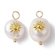 Natural Pearl Pendants, Potato Charms with Golden Plated Brass Slice, Sun, 16~19x10~11x7.5~10mm, Hole: 3mm(PALLOY-JF02200-04)