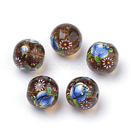 Printed Glass Beads, Round with Flower Pattern, Saddle Brown, 10x9mm, Hole: 1.5mm(GFB-Q001-10mm-C06)