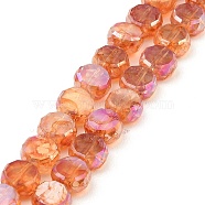 Imitation Jade Glass Beads Strands, AB Color Plated, Faceted, Flat Round, Coral, 7x3.5mm, Hole: 1.4mm, about 59pcs/strand, 16.22''(41.2cm)(GLAA-P058-05A-02)