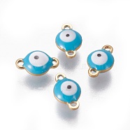 Ion Plating(IP) 304 Stainless Steel Enamel Links connectors, Flat Round with Evil Eye, Golden, Deep Sky Blue, 9.5x6x3.5mm, Hole: 1.2mm(STAS-F206-02G-A03)