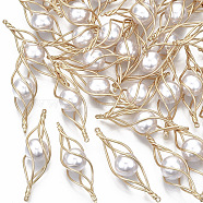 ABS Plastic Imitation Pearl Links Connectors, with Brass Wire Wrapped, Twist, Light Gold, Creamy White, 40x11x11mm, Hole: 1mm(KK-N235-001)