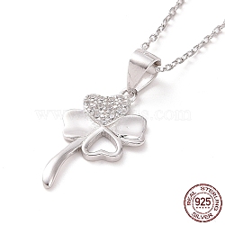 Rhodium Plated Sterling Silver Clover Pendant Necklace with Clear Cubic Zirconia for Women, Platinum, 15.94 inch(40.5cm)(NJEW-P267-04P)