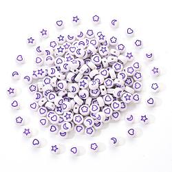 White Opaque Acrylic Beads, Flat Round with Heart & Flower & Moon & Star, Violet, 7x4mm, Hole: 1.6mm, 200pcs/set(MACR-YW0001-19G)