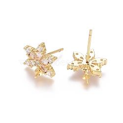 Brass Cubic Zirconia Stud Earring Findings, with Cup Pearl Peg Bails, Flower, Clear, Golden, 15mm, Pin: 0.7mm(EJEW-E257-02G)