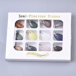 Natural Mixed Stone Pendants, with Platinum Plated Brass Ice Pick Pinch Bails, Teardrop, 24x15x9mm, Hole: 3.5mm, 12pcs/box(G-R461-26-B)
