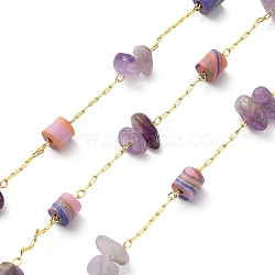 Natural Amethyst Chips & Column Beaded Chains, with Brass Findings, Soldered, with Spool, Real 18K Gold Plated, 4x4mm, 4~9x3~4x2~7mm, about 32.81 Feet(10m)/Roll(CHC-C001-03G)