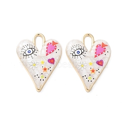 Rack Plating Alloy Enamel Pendants, with Resin, Heart with Evil Eye Charm, Cadmium Free & Nickel Free & Lead Free, Golden, Colorful, 34.5x25.5x4.5mm, Hole: 9x4mm(FIND-C050-09G-07)