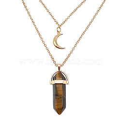 Natural Tiger Eye Cone Pendant Double Layer Necklace, with Moon Charms, 19.69 inch(50cm)(UX9990-18)