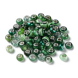 Resin European Beads, with Platinum Plated Brass Core, Rondelle, Green, 13.5x9mm, Hole: 5mm(RESI-G080-01B)