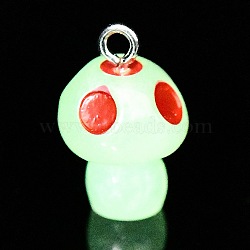 Spray Painted Luminous Resin Pendants, Mushroom Charm, with Glitter Powder and Platinum Tone Iron Loops, Red, 21.5x13.5mm, Hole: 2.5mm(RESI-A017-05C)