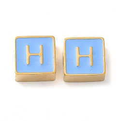 304 Stainless Steel Enamel Beads, Real 14K Gold Plated, Square with Letter, Letter H, 8x8x4mm, Hole: 2mm(STAS-L022-293G-H)
