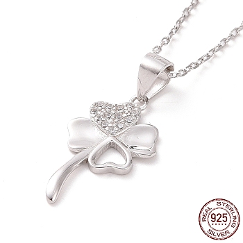Rhodium Plated Sterling Silver Clover Pendant Necklace with Clear Cubic Zirconia for Women, Platinum, 15.94 inch(40.5cm)