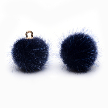 Handmade Faux Mink Fur Covered Pendants, with Alloy Findings, Round, Golden, Prussian Blue, 16~17x13.5~14mm, Hole: 1.5mm