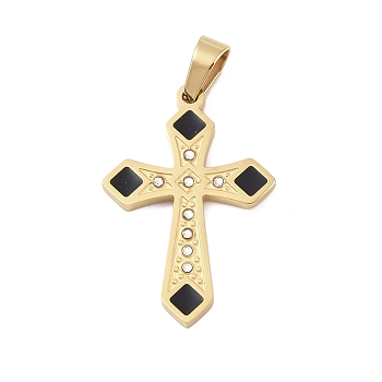 Ion Plating(IP) 304 Stainless Steel Enamel Rhinestone Pendants, Cross Charms, Real 18K Gold Plated, 32.5x21.5x2.5mm, Hole: 6x4mm