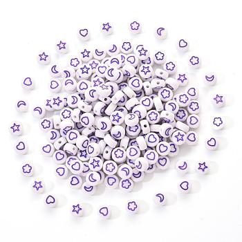 White Opaque Acrylic Beads, Flat Round with Heart & Flower & Moon & Star, Violet, 7x4mm, Hole: 1.6mm, 200pcs/set