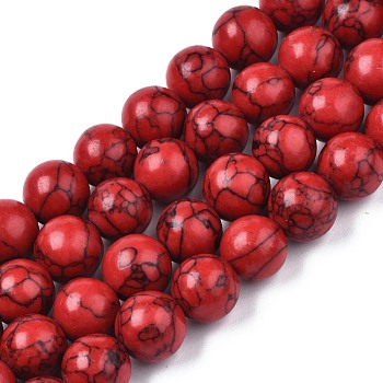 Synthetical Turquoise Gemstone Round Bead Strands, Dyed, Red, 9.5~10mm, Hole: 1.4mm, about 38pcs/strand, 14.57 inch~14.76 inch(37~37.5cm)