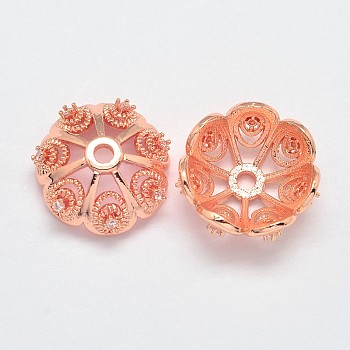 CZ Brass Micro Pave Cubic Zirconia Flower Bead Caps, Fancy Bead Caps, Cadmium Free & Nickel Free & Lead Free, Real Rose Gold Plated, 11x5mm, Hole: 1.5mm