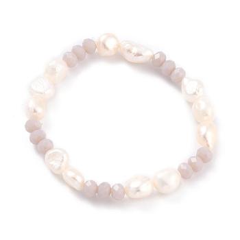 Natural Baroque Pearl Stretch Bracelets, with Faceted Rondelle Glass Beads and Burlap Bags, Gray, 2-1/8 inch~2-1/2 inch(5.55~6.45cm)