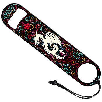 201 Stainless Steel Bottle Opener, with PU Leather Cord, Rectangle, Dragon, 178x38x2mm