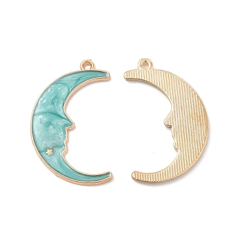 Alloy Enamel Pendants, Crescent Moon with Face Charm, Golden, Pale Turquoise, 32x19.5x1.5mm, Hole: 1.4mm