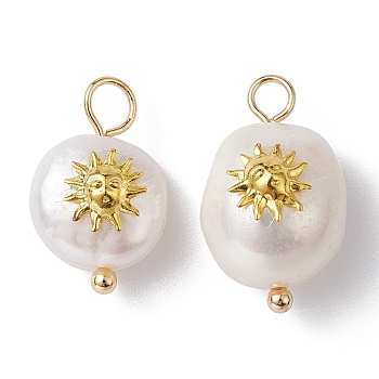 Natural Pearl Pendants, Potato Charms with Golden Plated Brass Slice, Sun, 16~19x10~11x7.5~10mm, Hole: 3mm