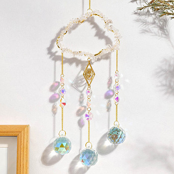 Natural Quartz Crystal Copper Wire Wrapped Cloud Hanging Ornaments, Teardrop Glass Tassel Suncatchers for Home Outdoor Decoration, 420mm