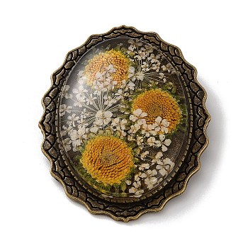 Retro Style Alloy Lapel Pins for Backpack Clothes, Oval with Dried Sunflower, Antique Bronze, Yellow, 50x40mm